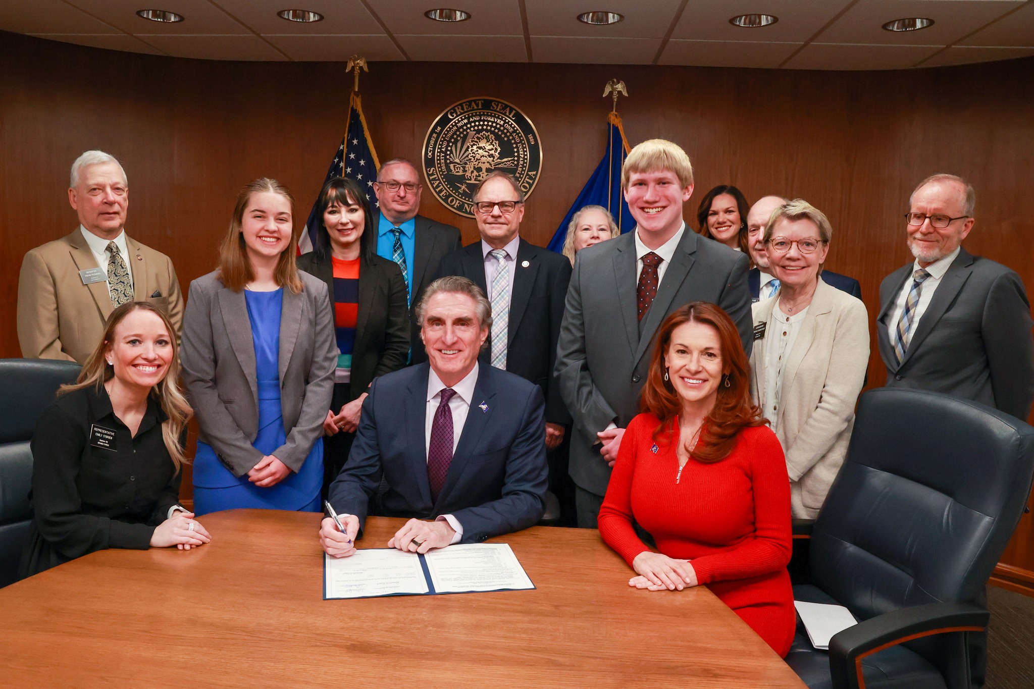 Gov. Burgum; Superintendent Baesler; House Majority Leader Mike Lefor and fellow bill sponsors.