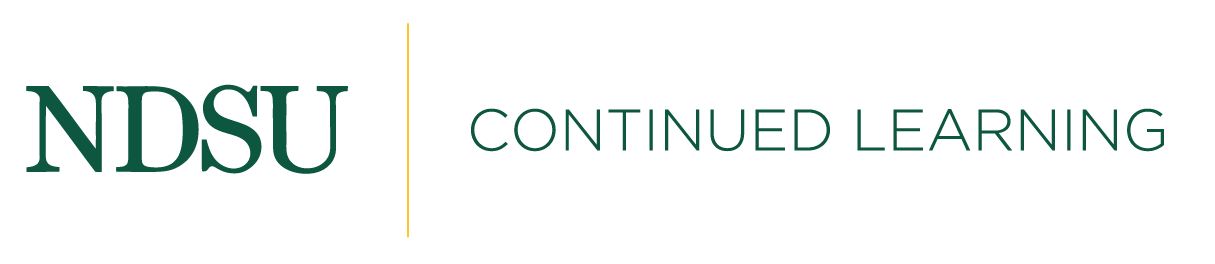 NDSU Continued Learning logo with the letters “NDSU” in green on the left and the words “Continued Learning” in light green on the right, separated by a thin vertical gold line.