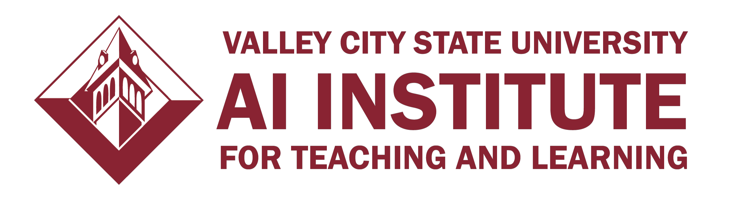 Valley City State University logo featuring a maroon and white diamond-shaped emblem with a stylized campus building inside, alongside the text “Valley City State University AI Institute for Teaching and Learning” in bold maroon lettering on a black background.