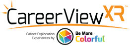 Rainbow colored circle located at the bottom of the logo with black text Career View XR