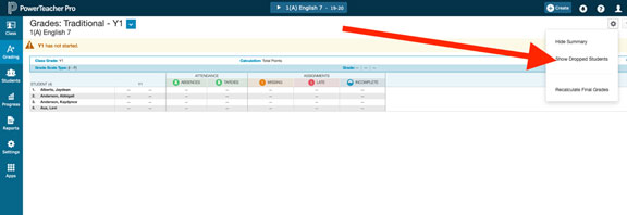 PowerTeacher Pro chart with red arrow pointing downward