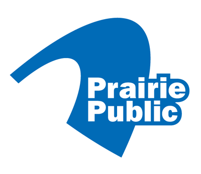 Blue swoosh with the words Prairie Public in white font inside the swoosh