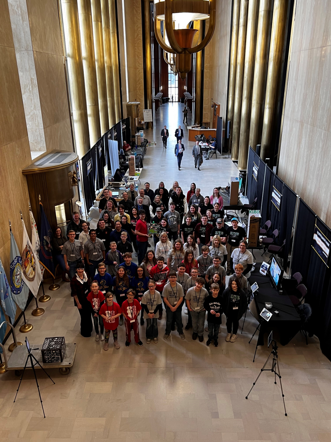 group photo taken from above of the 2023 tech showcase participants in memorial hall 